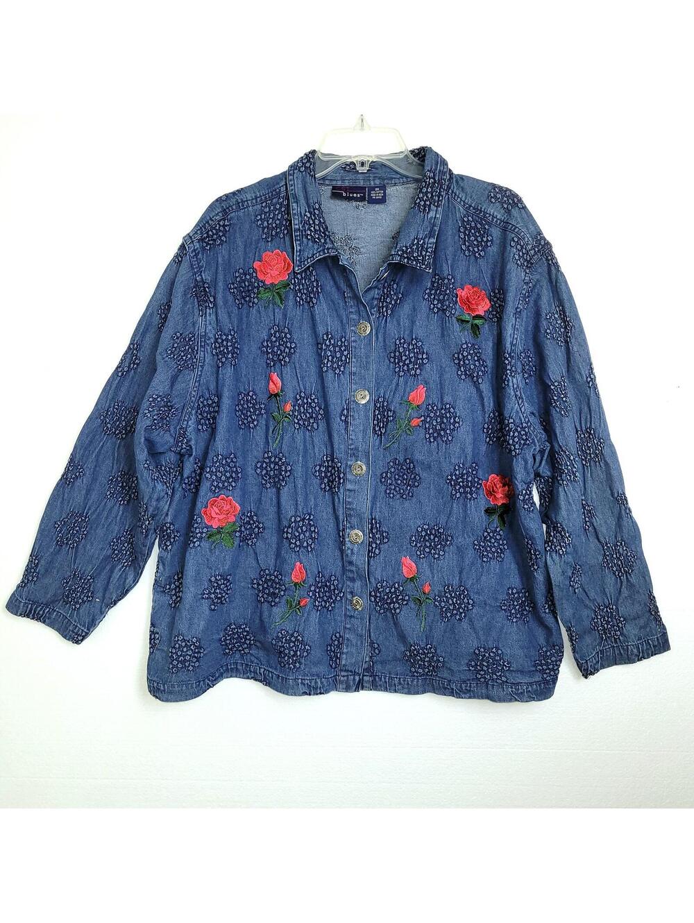 CST Blues Denim Rose Top Long Sleeves Button Down Size 2X